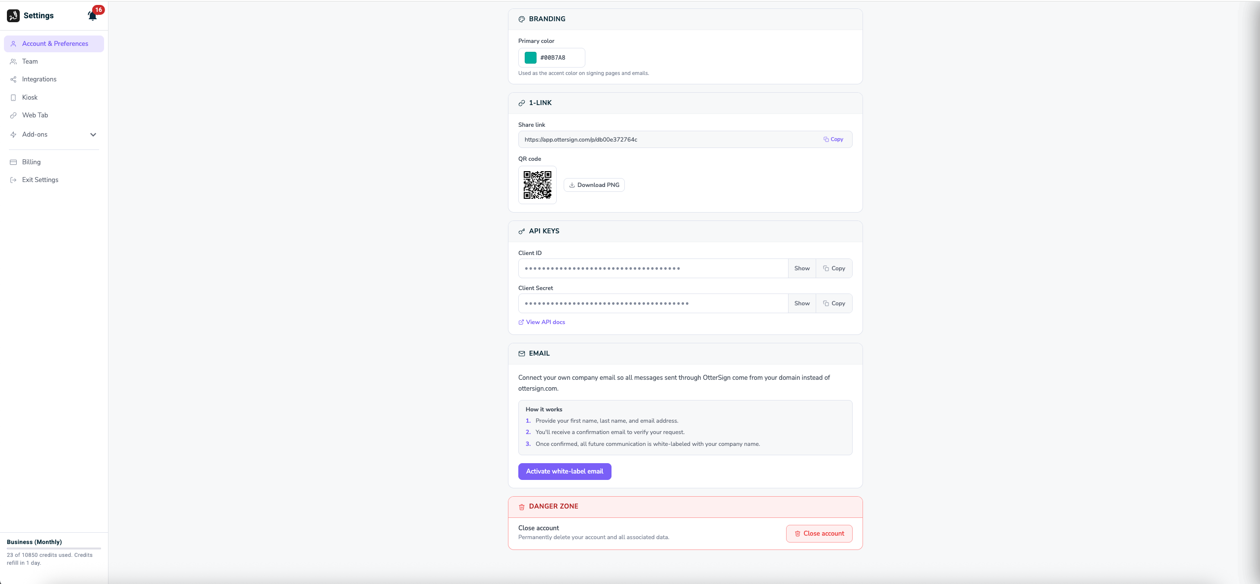 Client ID and Client Secret in Settings OtterSign API keys on Account and Preferences